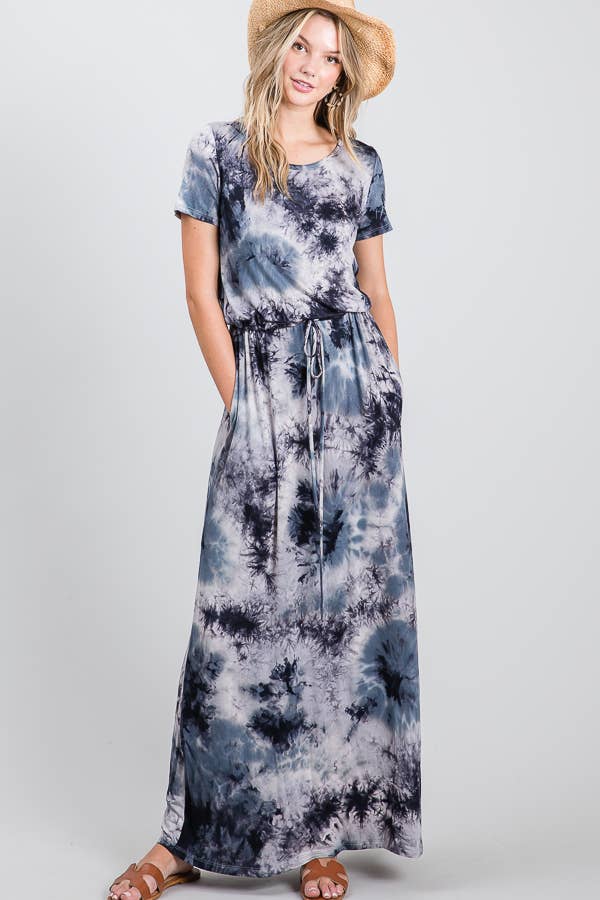 Casual Tie Dye Drawstring Waist Short Sleeve Maxi Dress: Charcoal / Blue