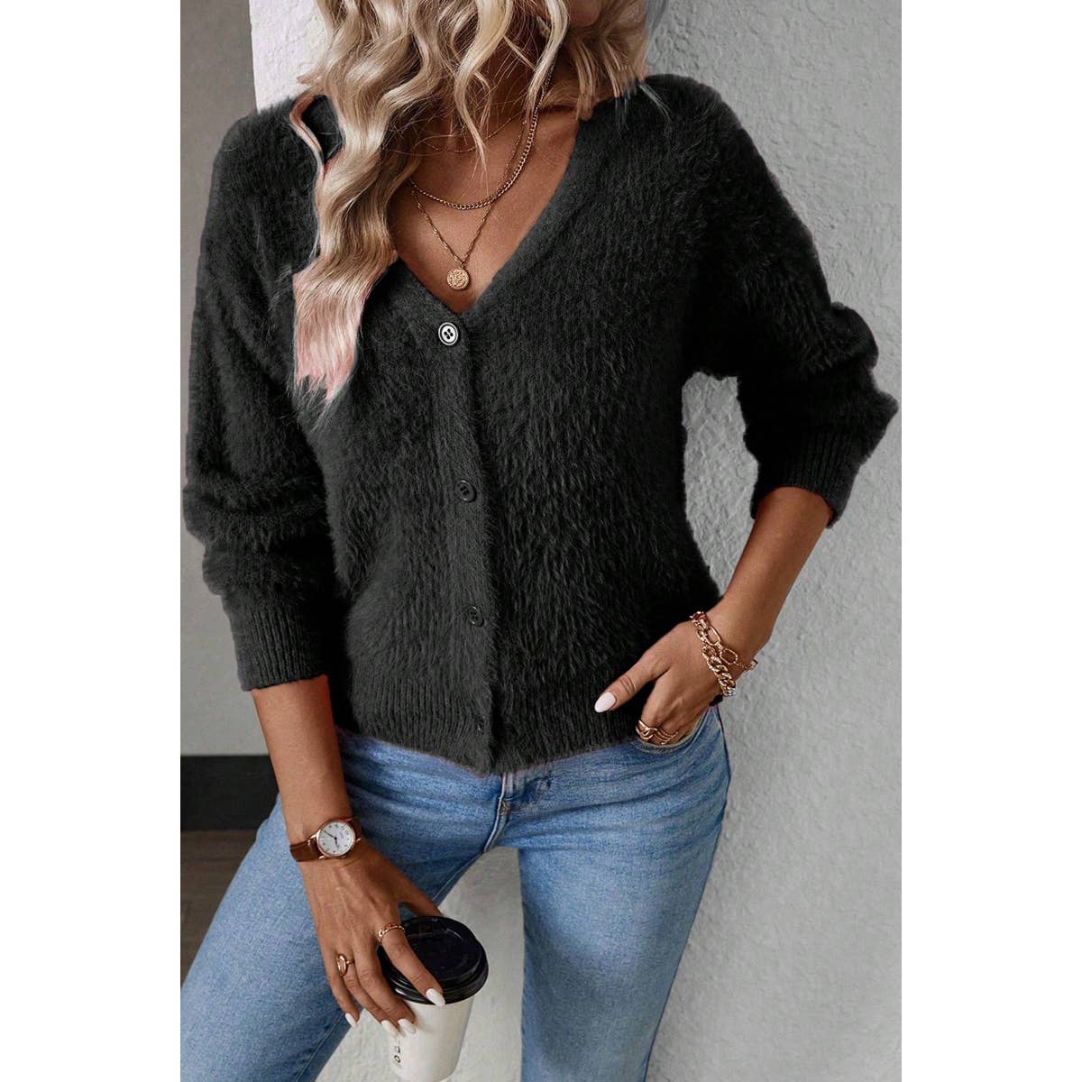 Solid Fuzzy Fleece Button V Neck Cardigan