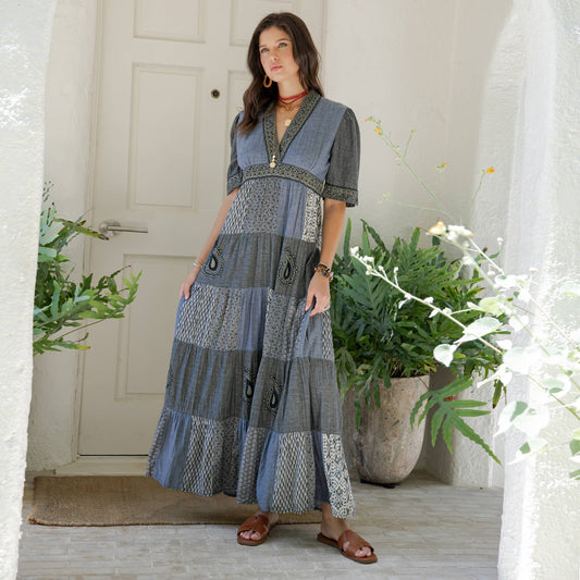 Eclectic Charm: Stone-Washed Rayon V-Neck Long Dress New: Chambray