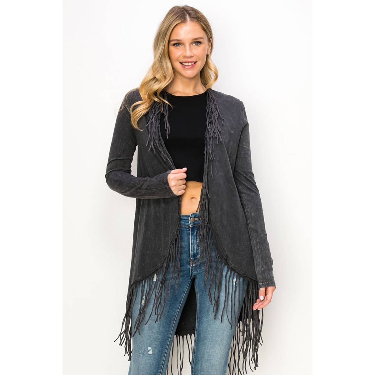 MINERAL WASHED FRINGE LONG SLEEVE KNIT CARDIGAN: BLACK