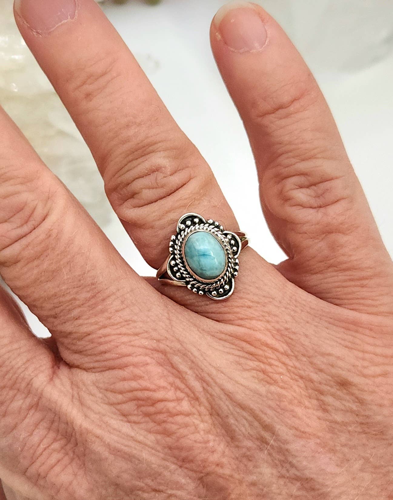 Larimar Semi-Precious Gemstone Sterling Silver (925)--Ring Size 8
