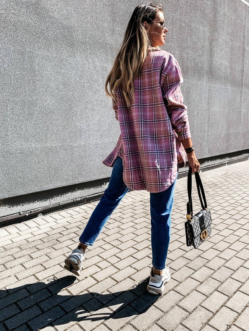 Plaid Shacket Button Front Oversized Longline Fit: Pink