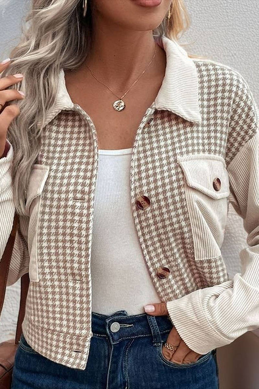 CHECK CORDUROY BUTTON SHORT JACKET: KHAKI