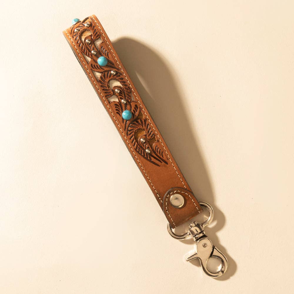 River Glen Handtooled Hairon Leather Key Fob Black/Brown/Turquoise