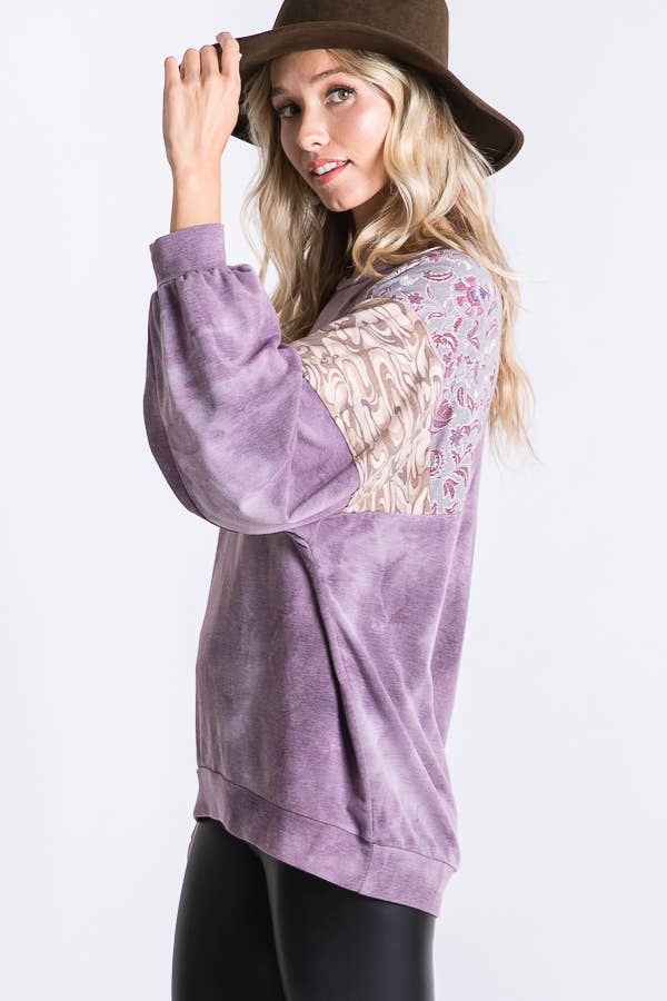 Tie Dye Bishop Sleeve Top: Purple