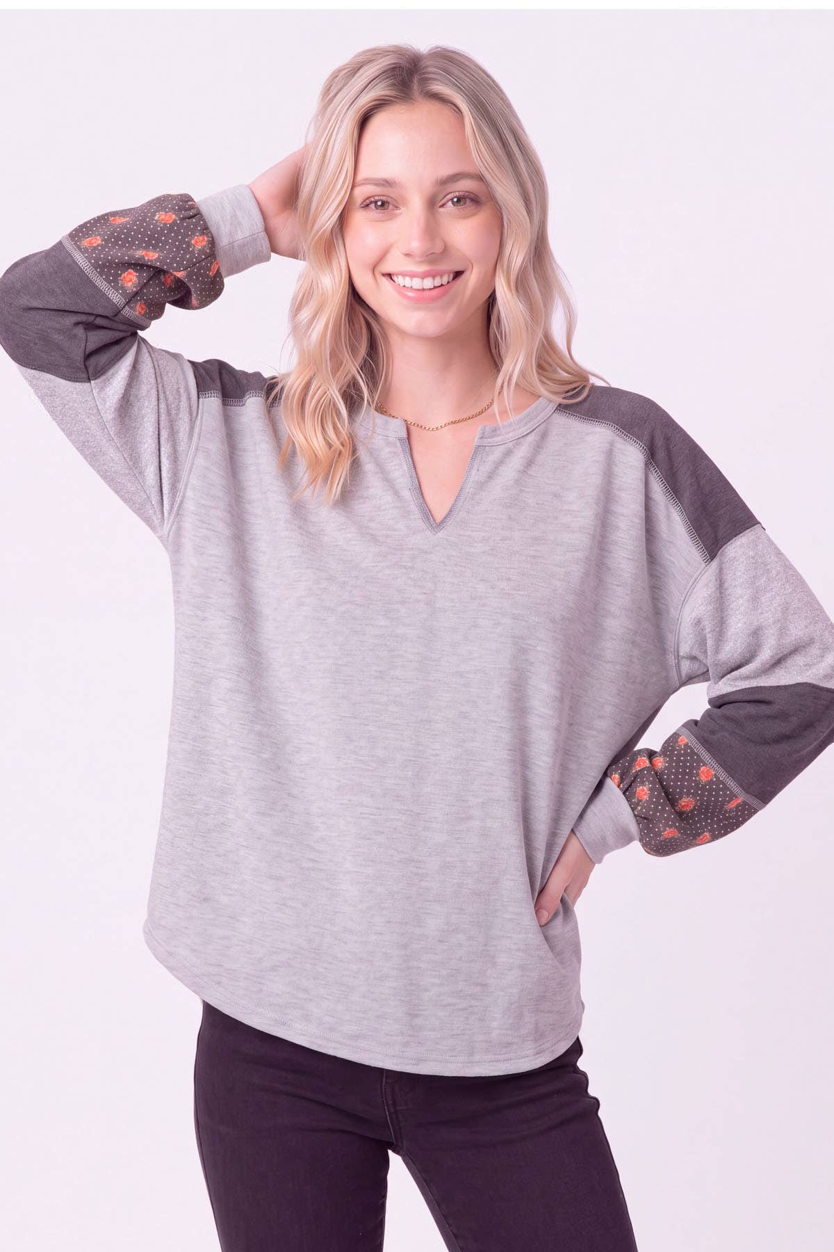 Color Block Split Neck Pullover Top  Heather Grey