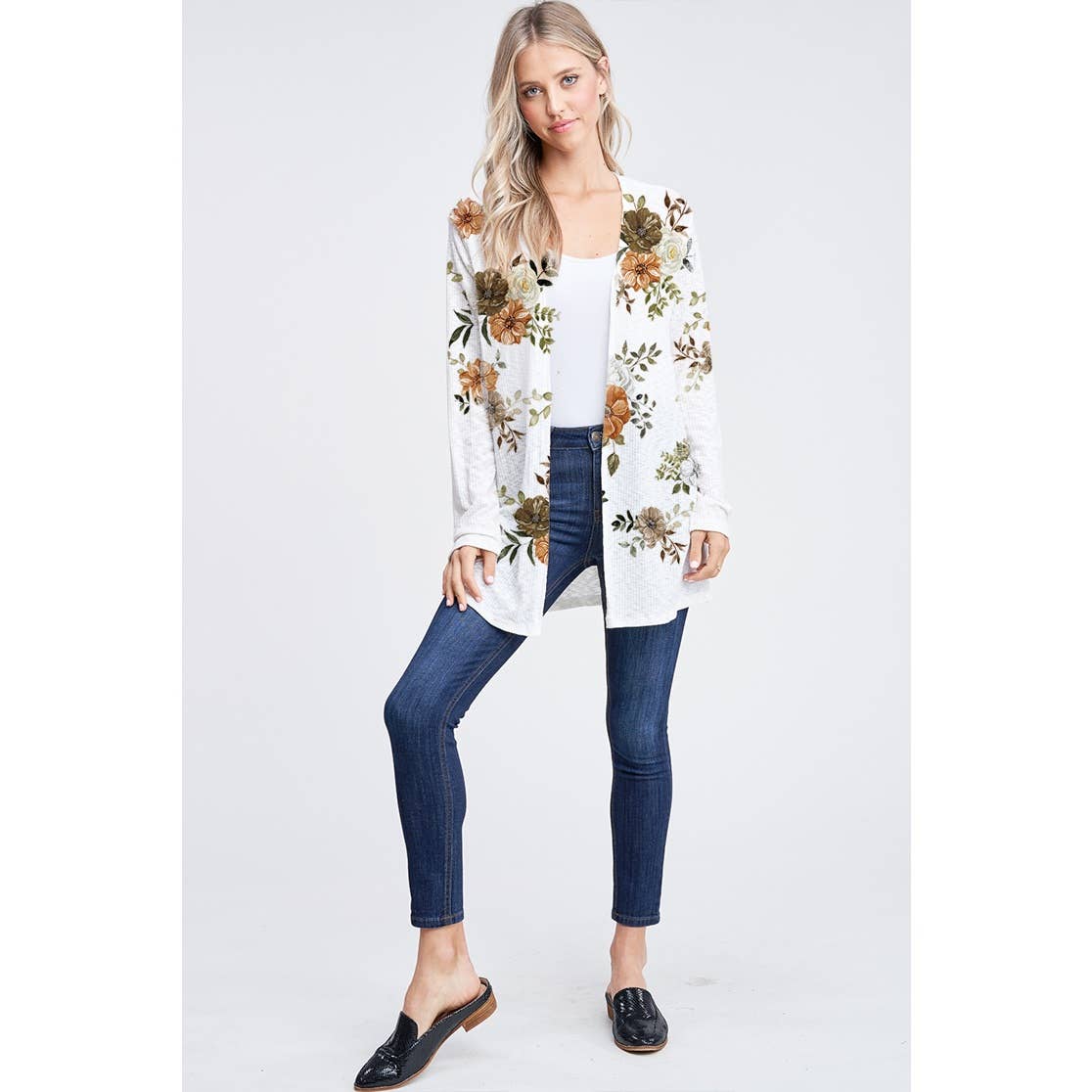 Fall Floral print rib long sleeve cardigan : GREY