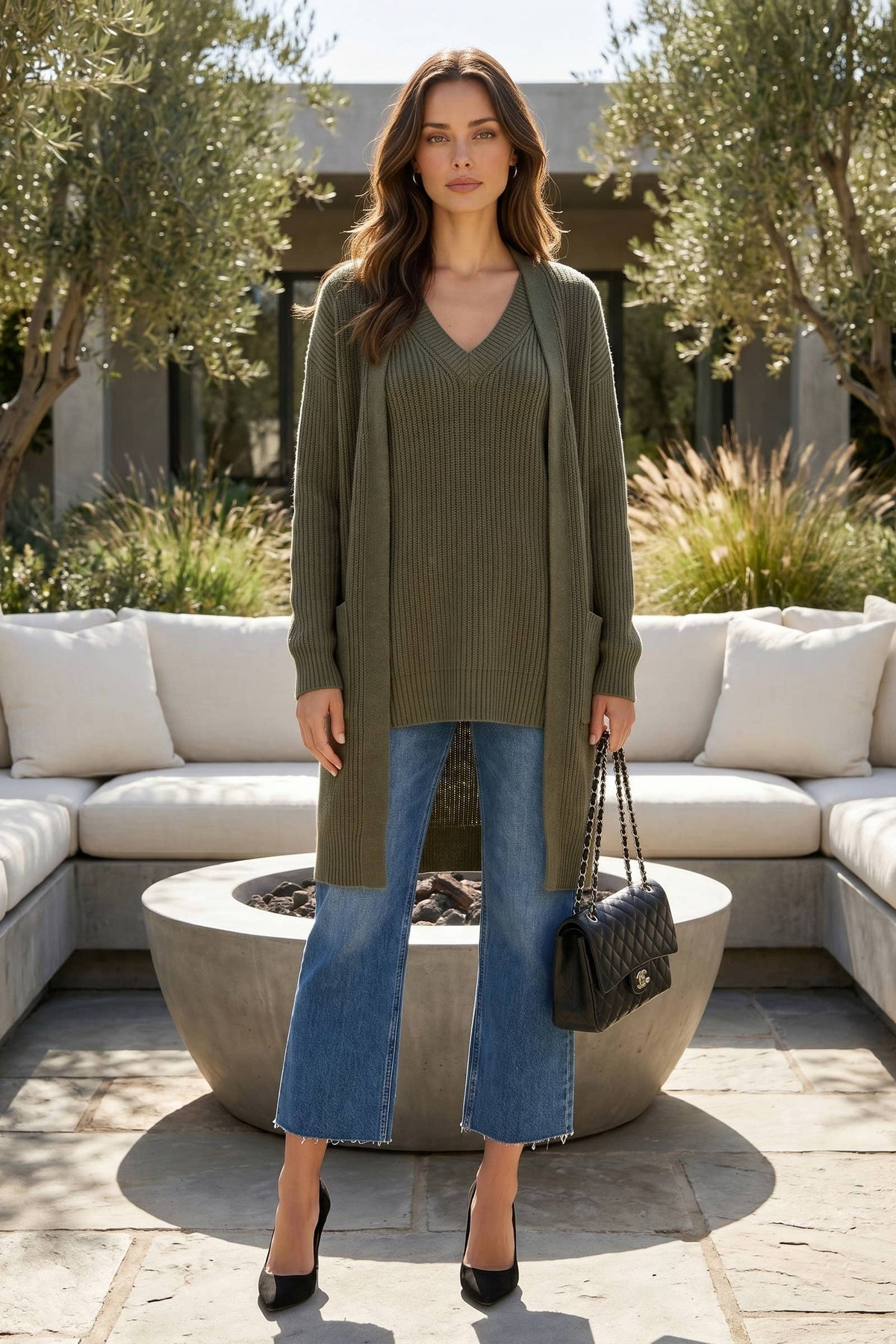 Olive green two-piece set with long sleeve sweater top and midi cardigan