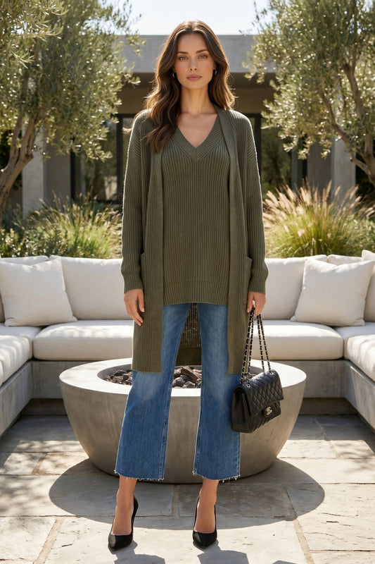Olive green two-piece set with long sleeve sweater top and midi cardigan