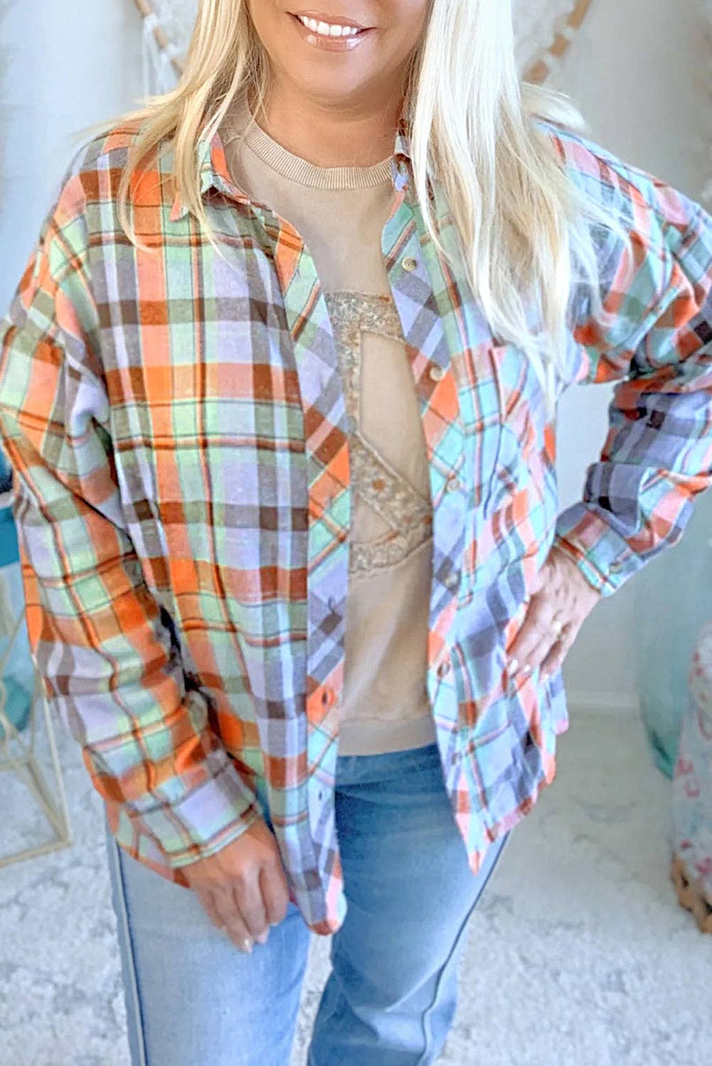 Plus Plaid Buttoned Long Sleeve Shirt: Orange