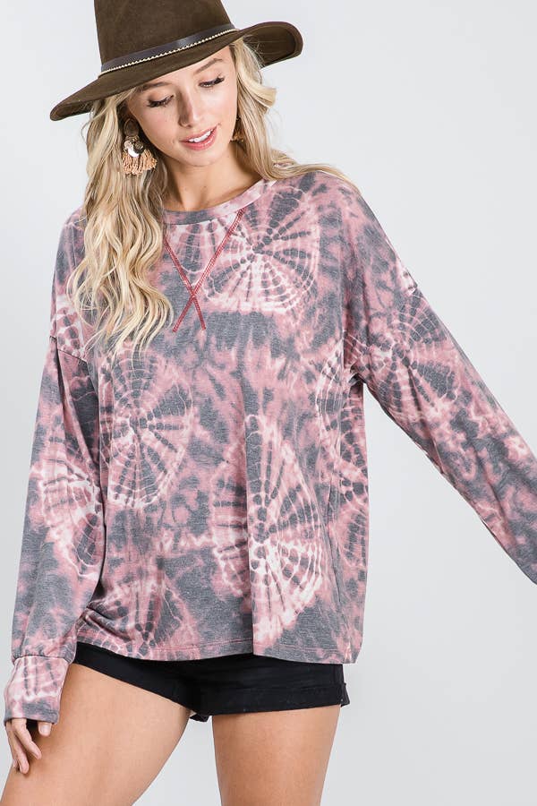 Tie Dye V-Seam Drop Shoulder Long Sleeve Top  Marsala