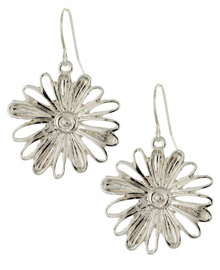 Silver daisy dangle earrings on fish hooks