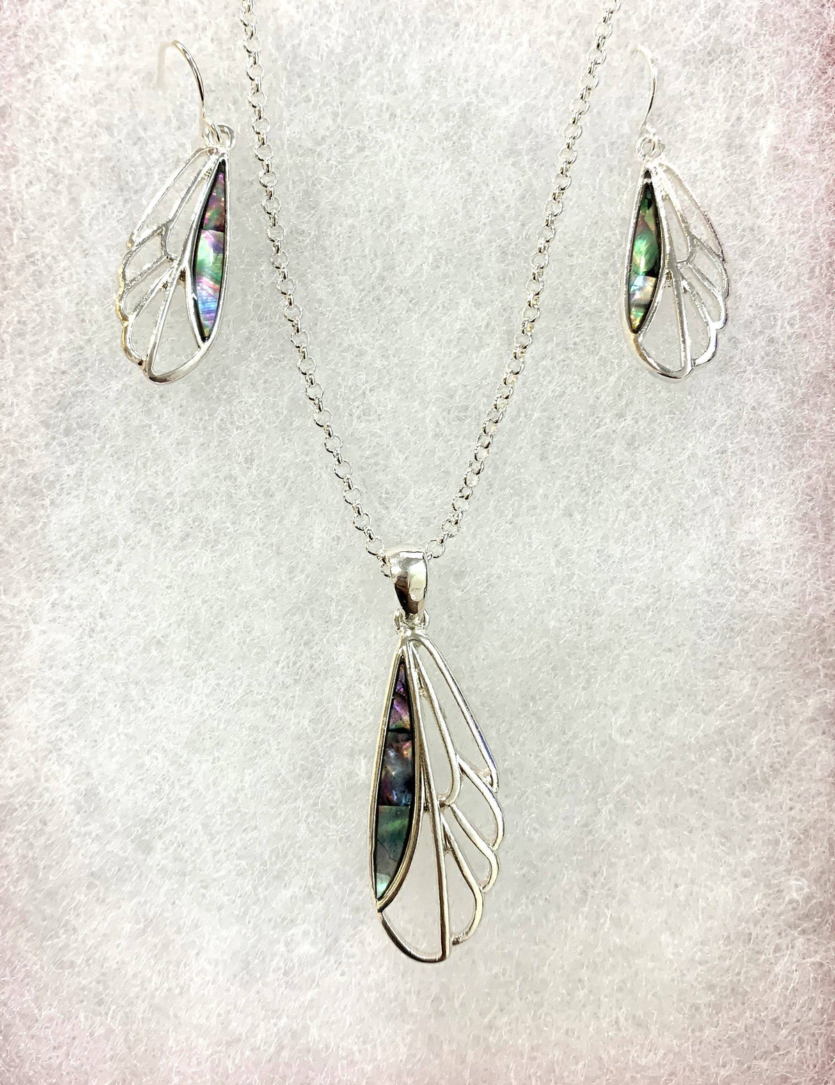 Abalone dragonfly wing pendant and earrings set