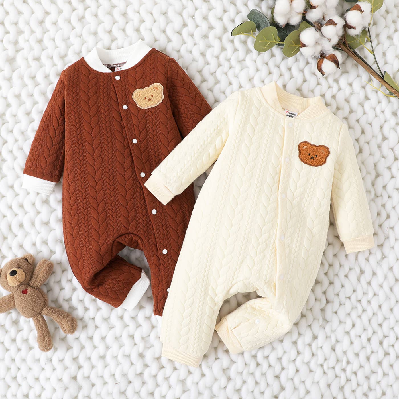 Baby Bear Knit Jumpsuit Onesie: Brown / 12-18M