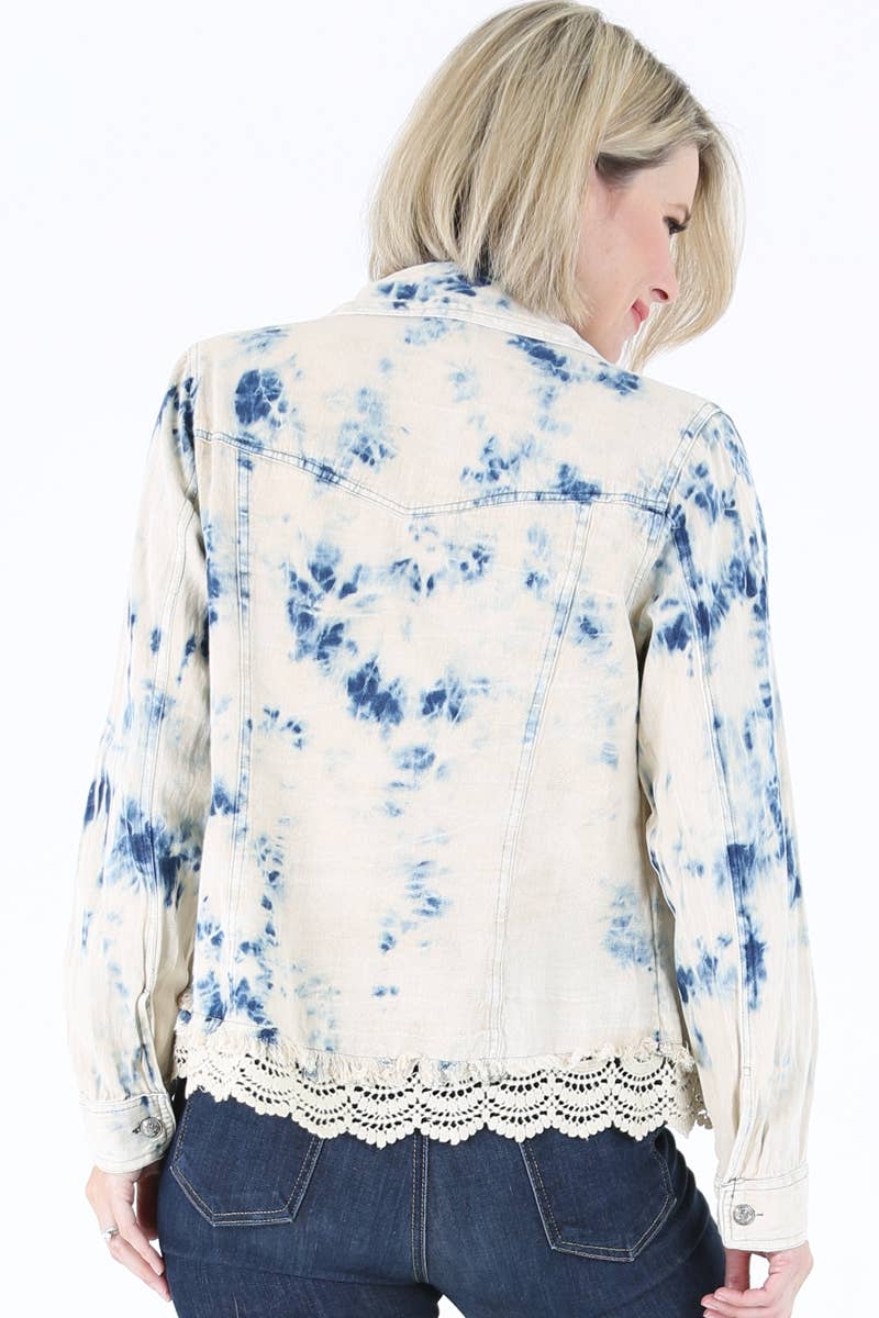 BLEACH TIE DYE WASH DENIM JACKET WITH LACE HEM