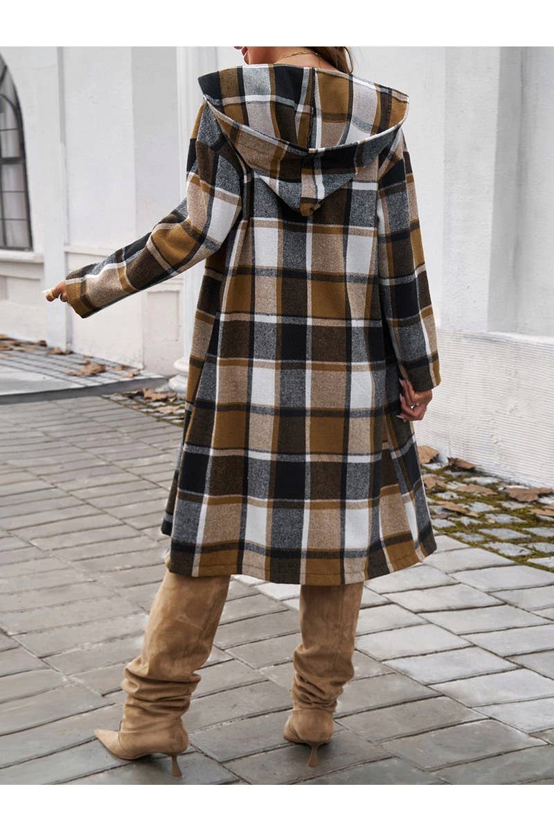 Plaid Button Hooded Long Coat