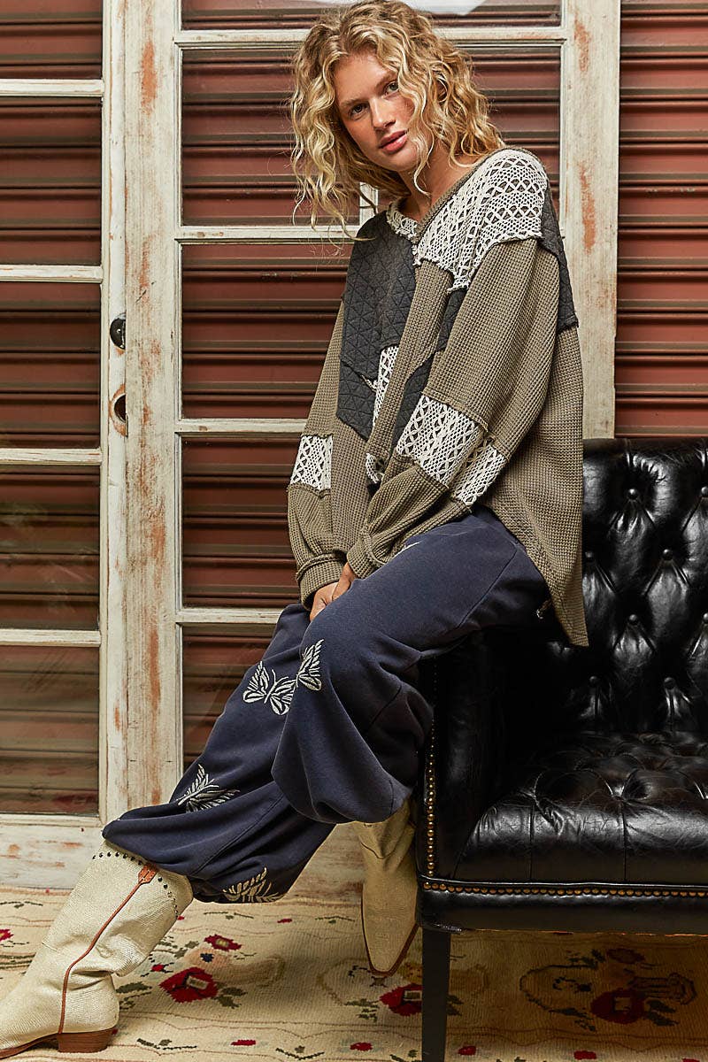 V-neck balloon sleeve relaxed fit boho Top : CHARCOAL