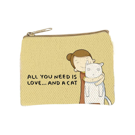 Golden yellow zip coin purse printed with a woman holding a large white cat and the words all you need is love and a cat