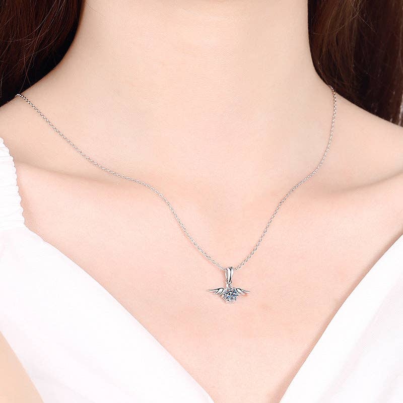 Angel Wing Moissanite Charm Necklace - 925 Sterling Silver, photo 4 of 5