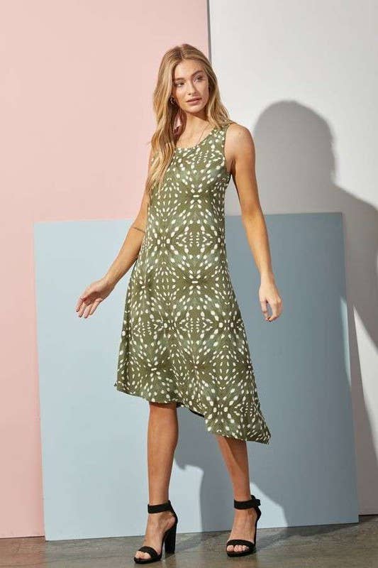 Animal Print Asymmetrical Midi Dress - Olive, 100% polyester