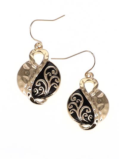 Antique gold hammered earrings with a dark filigree infinity swirl