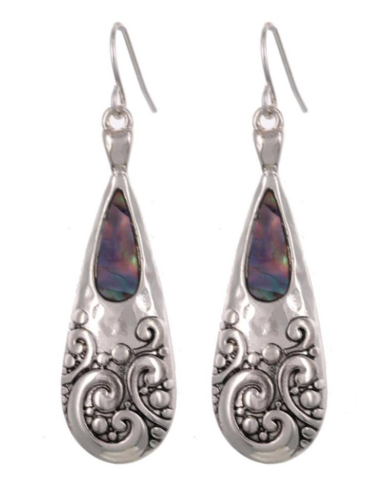 Long antique silver filigree teardrop earrings with abalone shell inlay