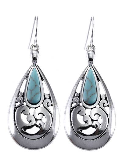 Antique silver filigree teardrop earrings with turquoise stones on fish hooks