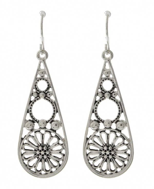 Antique silver open teardrop earrings with a cut-out flower design