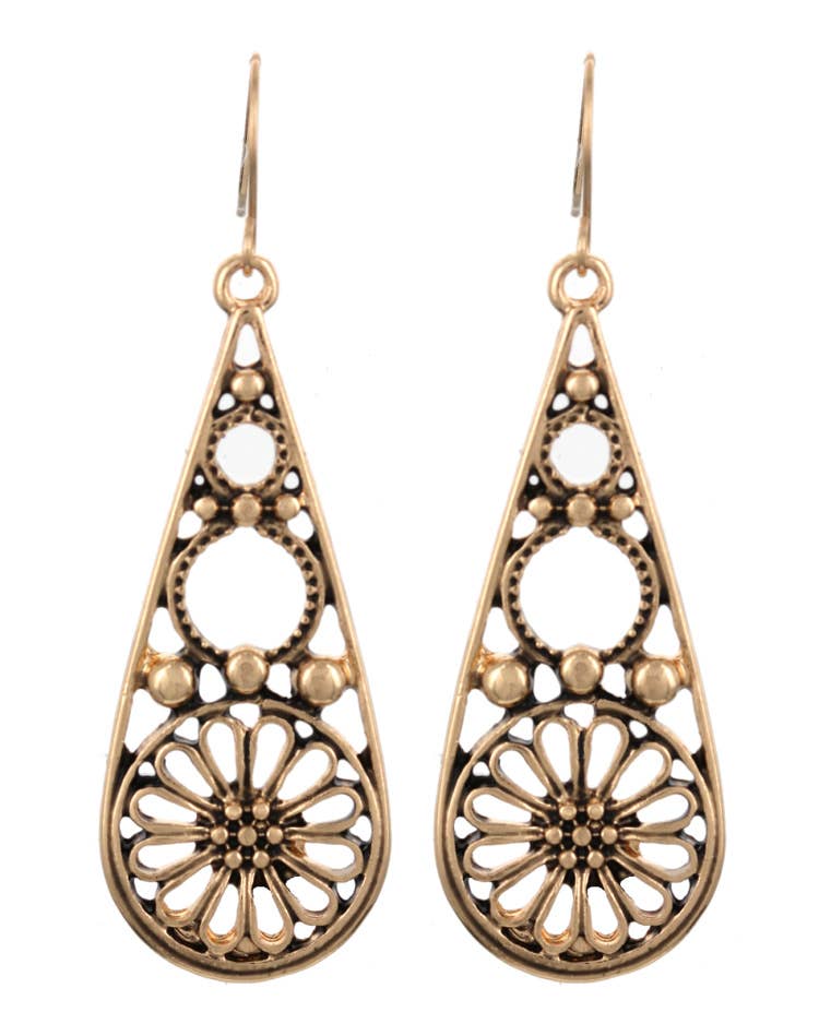 Same flower teardrop earrings in a gold tone; this listing is antique silver