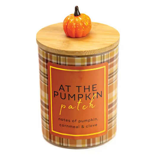 At the Pumpkin Patch scented 10 oz soy jar candle in a clear glass jar.