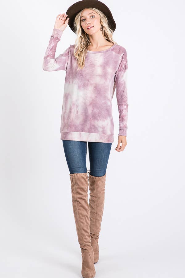 Tie Dye Sequin Contrast Top  Purple