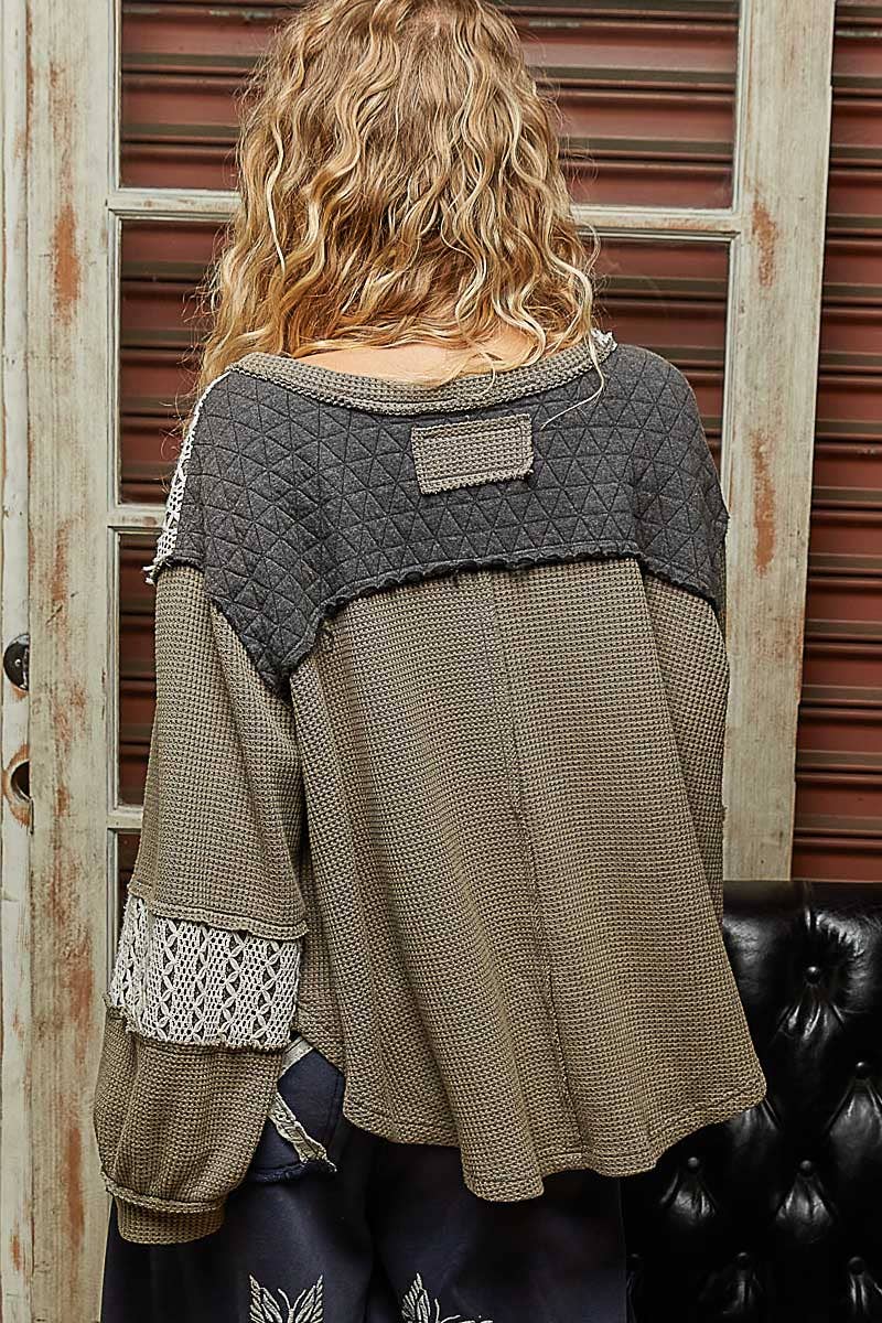 V-neck balloon sleeve relaxed fit boho Top : CHARCOAL