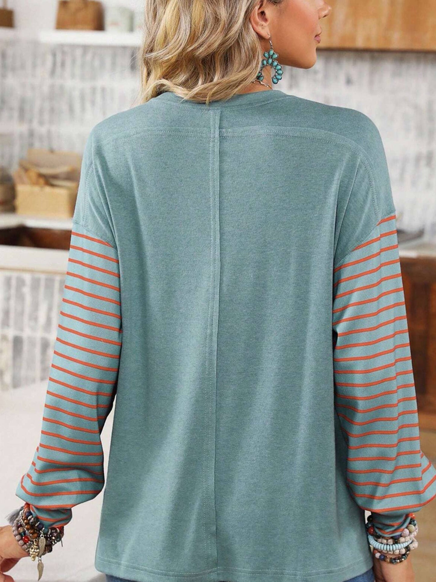 Round Neck Casual Striped Contrast Long Sleeved Sweatshirt - Teal/Orange