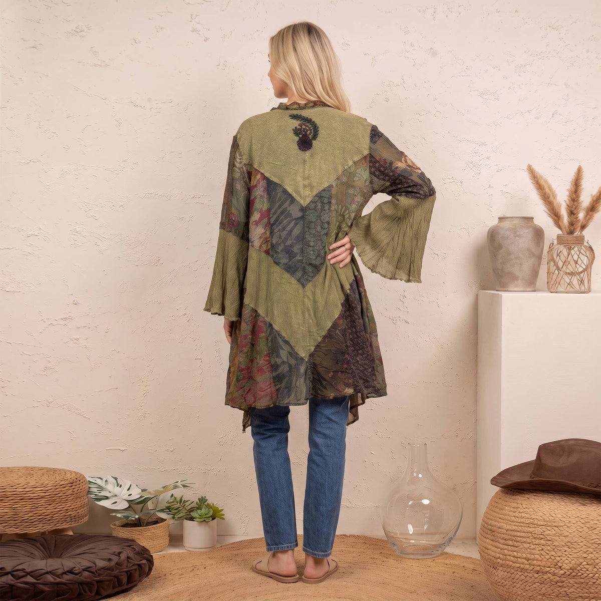 Back of the gravel patchwork kimono showing the chevron print panels and flared ruffle sleeves