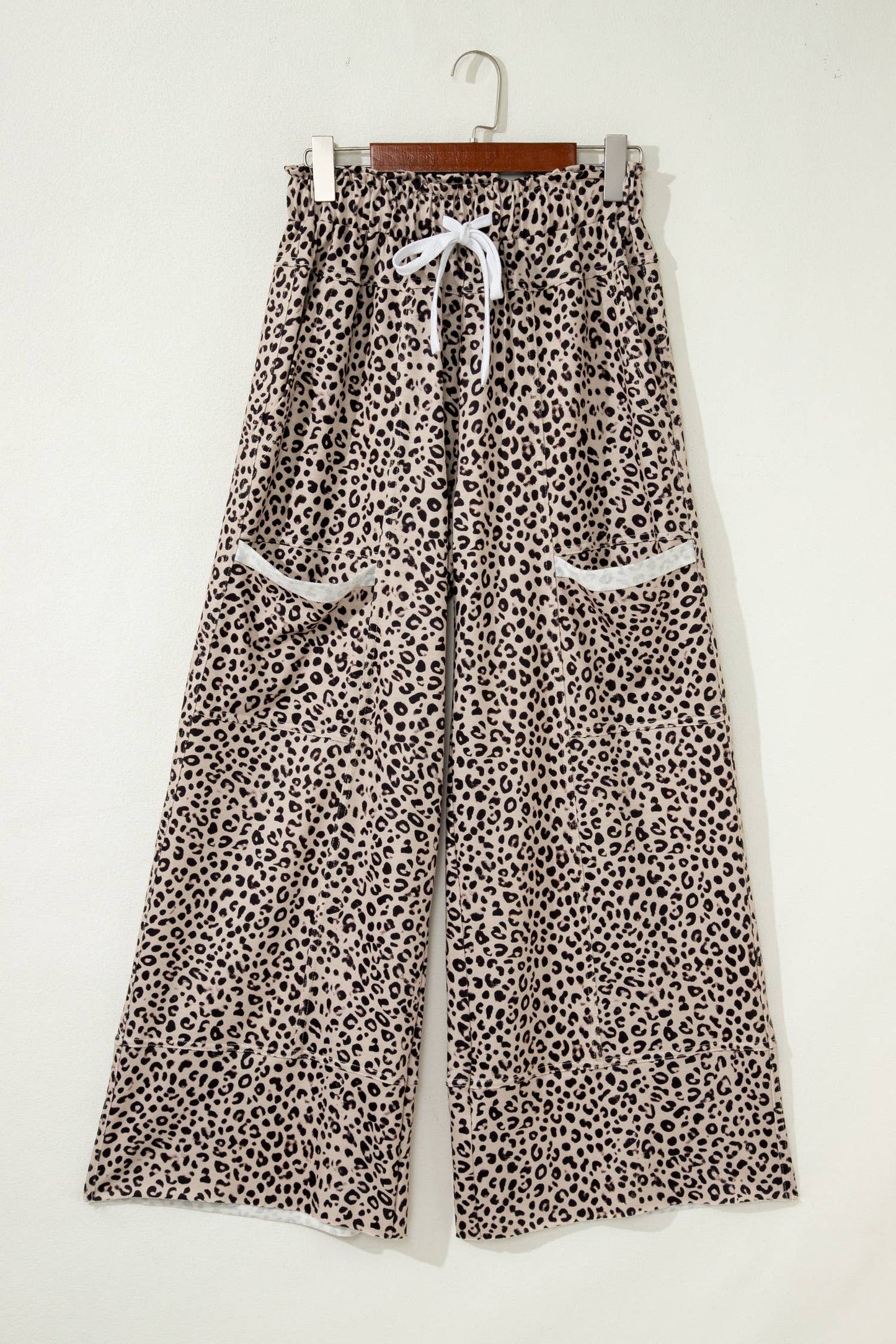 Leopard Animal Print Wide Leg Terry Knit Pants: Khaki