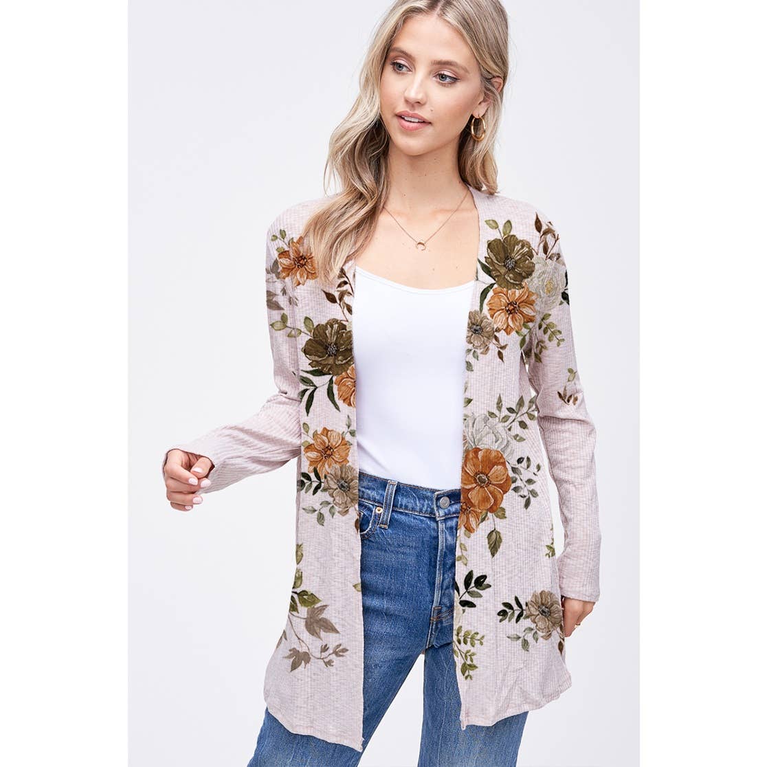 Fall Floral print rib long sleeve cardigan : GREY