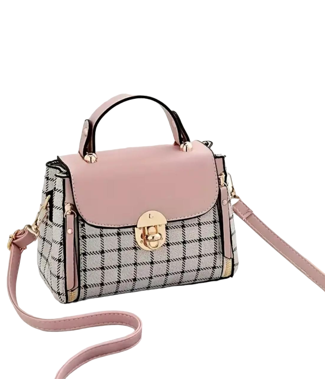 Plaid Patterned Crossbody Handbag: Pink