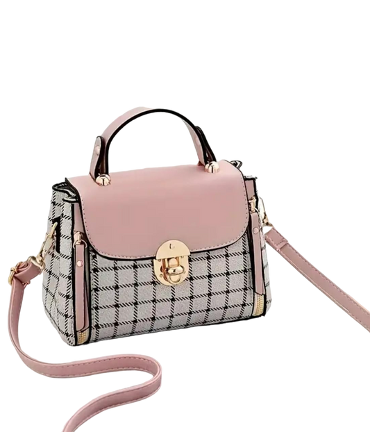 Plaid Patterned Crossbody Handbag: Pink