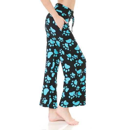 Buttery Soft Print Pajama Pants with Drawstring: Turquoise Paw Print