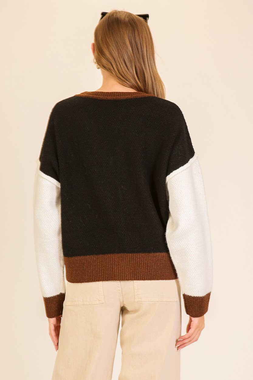 Soft Girl Vibes Color Block Cardigan 2: Black/Mocha/Ivory / S