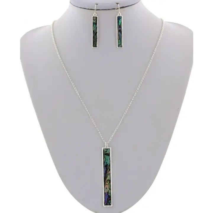 Abalone Pendant Long Metal Necklace Set