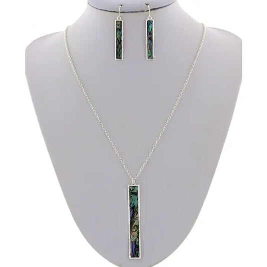 Abalone Pendant Long Metal Necklace Set