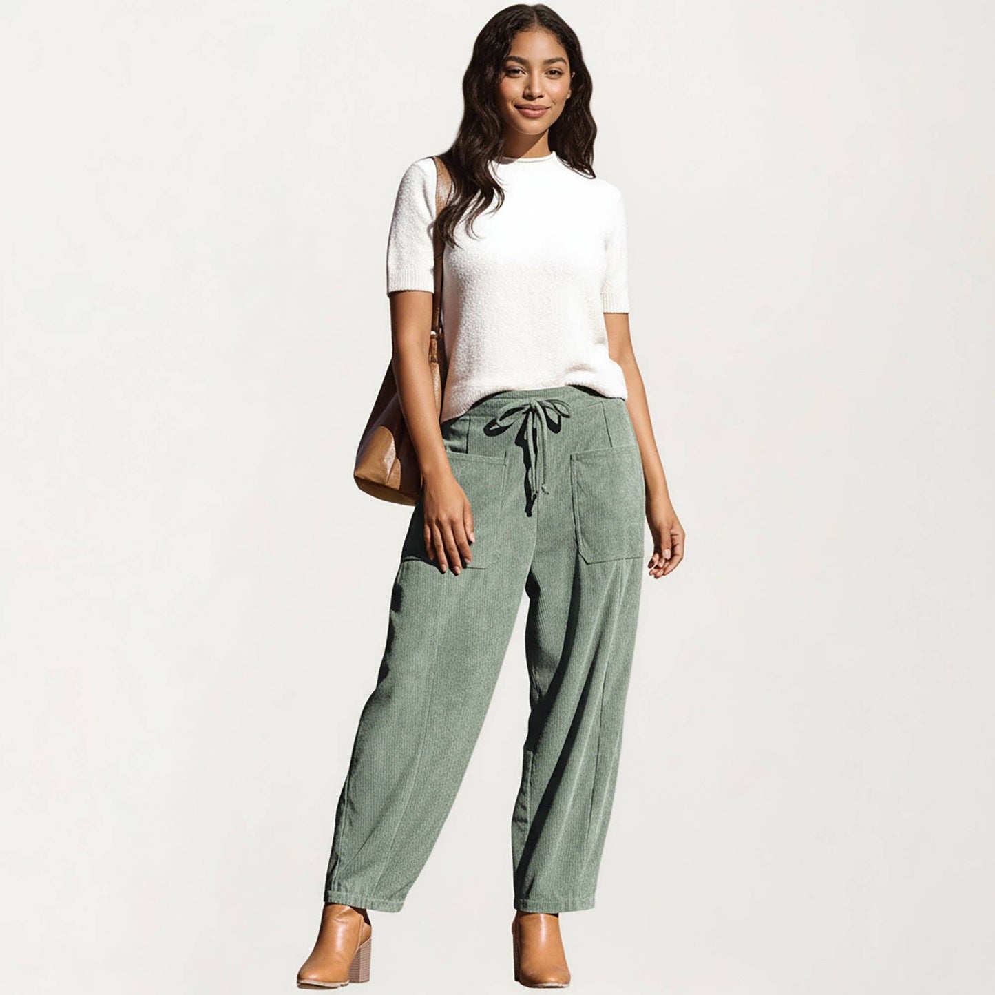 Drawstring High Waist Relaxed Fit Corduroy Pants : Green
