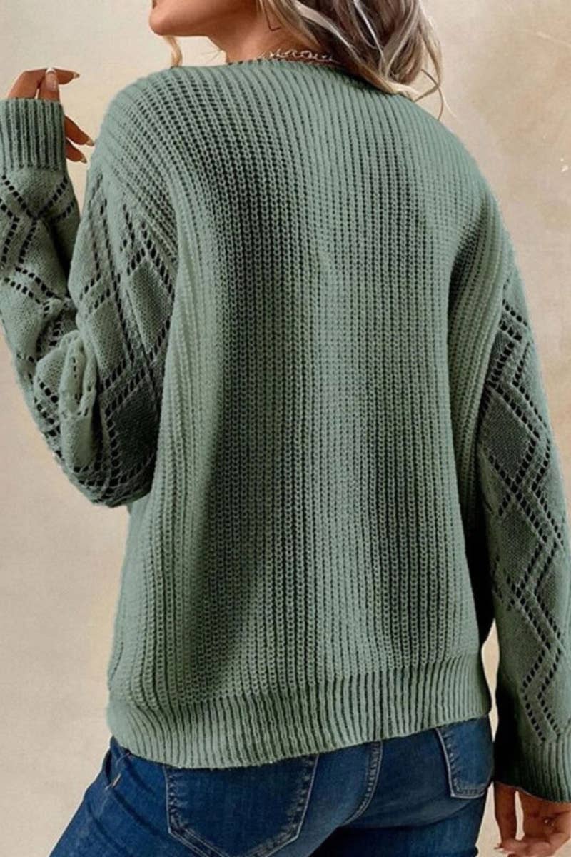 V-NECK LACE PATCHWORK LONG-SLEEVED SWEATER: OLIVE