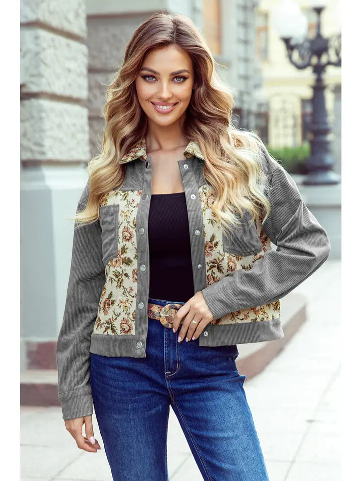PLUS Ribbed Retro Floral Patchwork Shirt Style Jacket: Gray