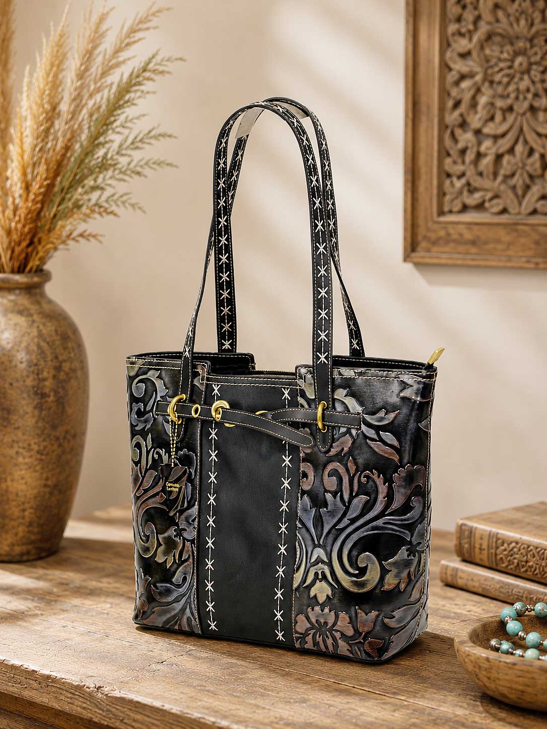 Nadi - Genuine Tooled Embossed Leather: Black Multi