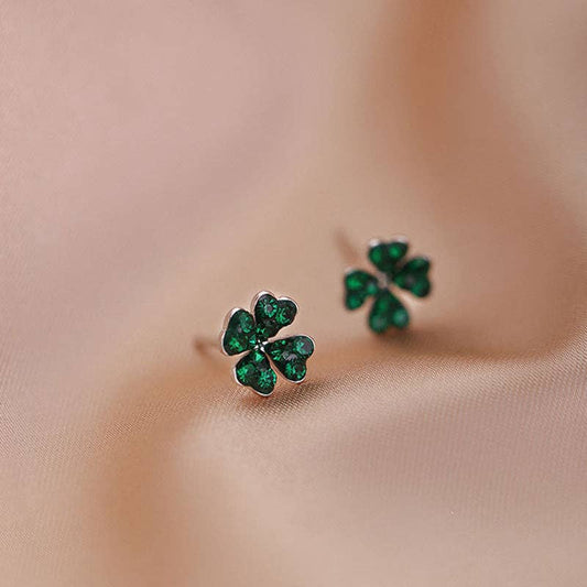 Green Four Leaf Clover Stud Earrings in 925 Sterling Silver
