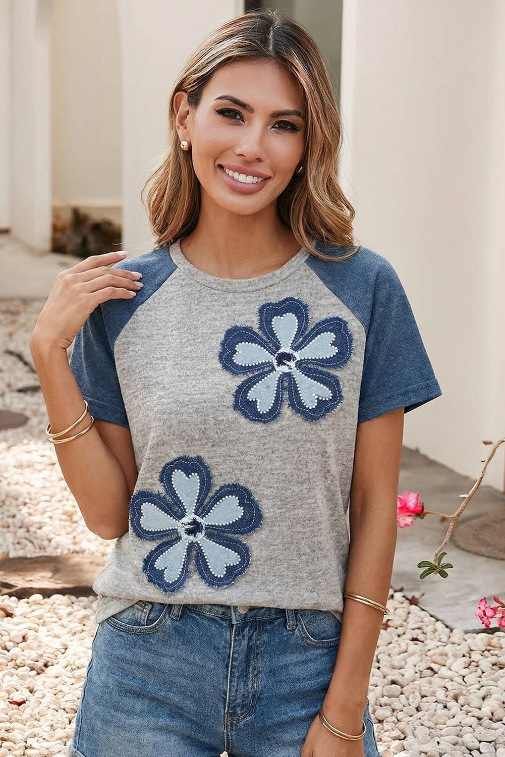 Floral Spring Patchwork Colorblock Raglan Sleeve T Shirt: Dark Blue/Gray