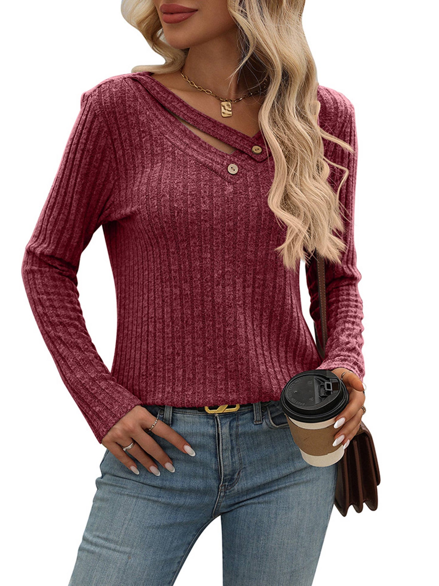 Leisure V-neck Button Top: Red