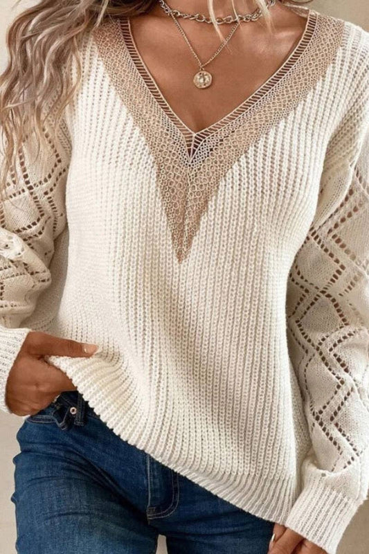 V-NECK LACE PATCHWORK LONG-SLEEVED SWEATER: Beige